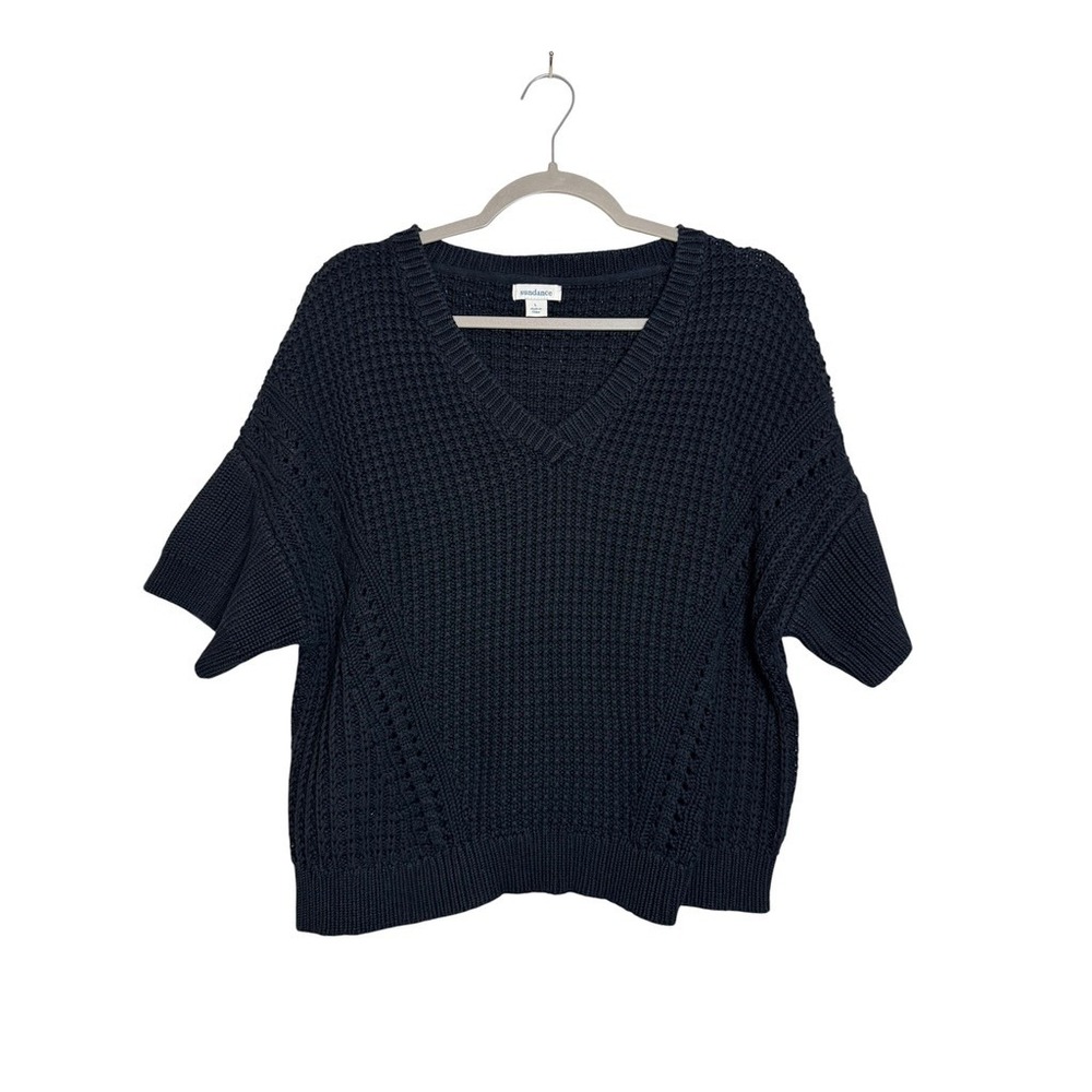 Sundance Womens Black 100% Cotton Short Sleeve V-Neck Waffle Knit Sweater‎ L